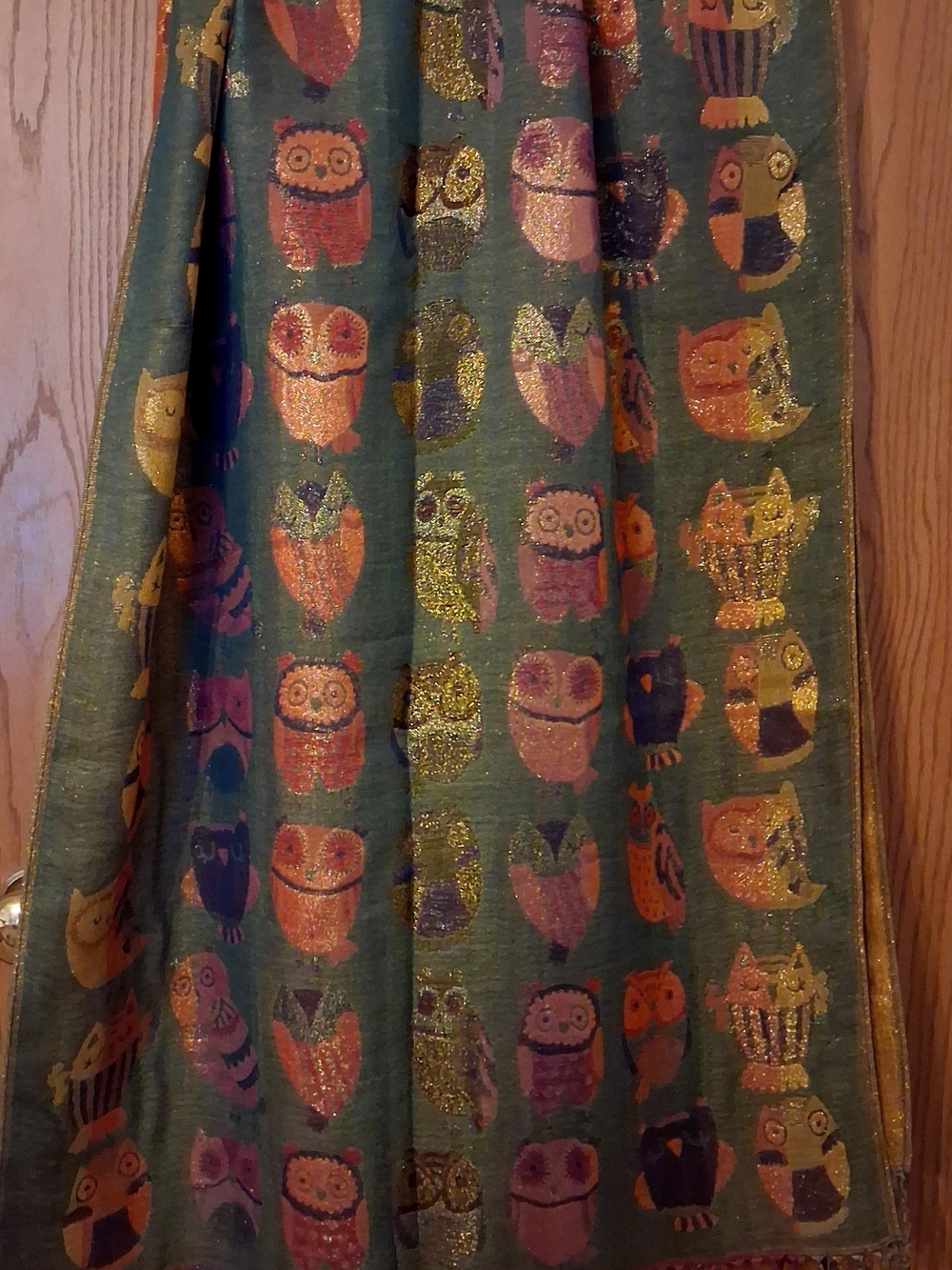 POSHMINA Green Owl Print SCARF with Metallic Accents